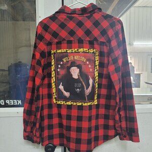 Buffalo check womens flannel shirt size L with custom Willie image sewn on back